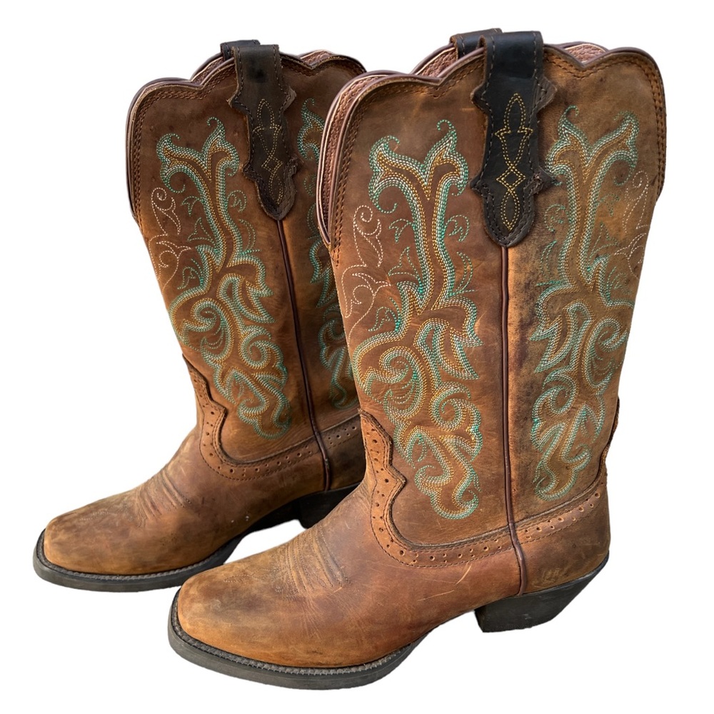 Justin Stampede Apache Brown Square Women’s Turquoise/blue stitch Boots Size 8B
